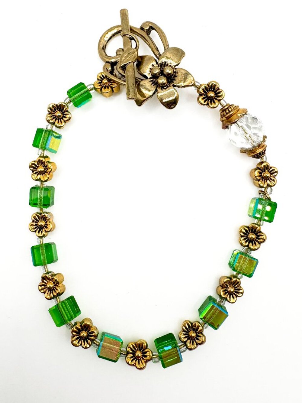 Green Glass Beaded Flower Bracelet